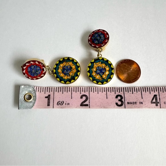 Micro Mosaic Intricate Dangle Earrings Clip-On Roma Italy Italian Vintage Glass - Picture 6 of 7